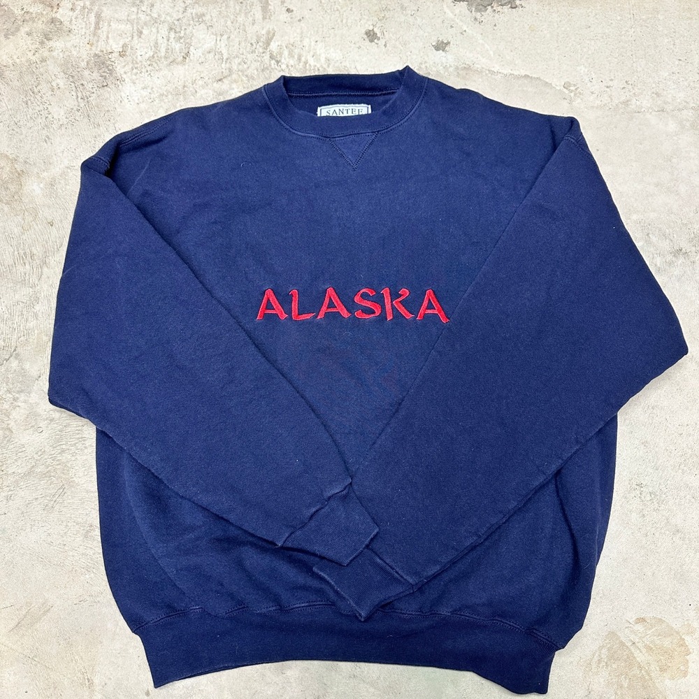 Vintage Santee Alaska Embroidered Crewneck‎ Sweatshirt XL Navy Blue Red Spellout